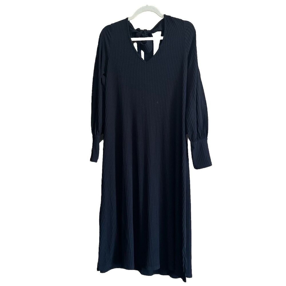 ASOS Ribbed Black V Neck Dress With Tie Bow On Back Size 8